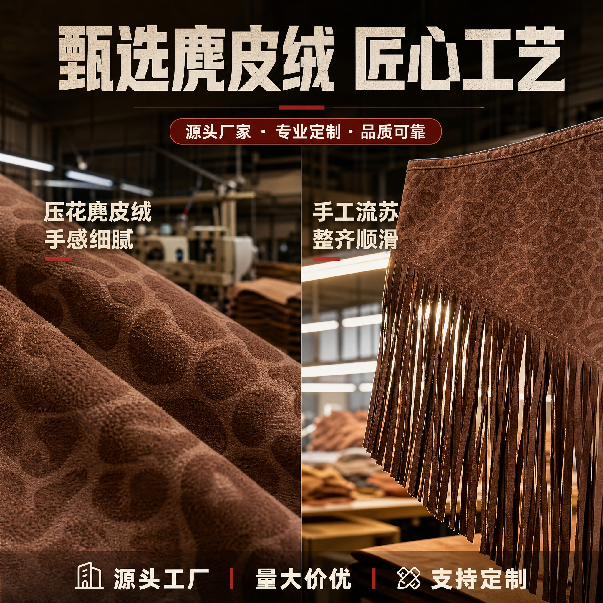 [主图-4] 深棕色豹纹压花流苏腰裙（斜角款） 材质细节与工厂… - 图片创意预览