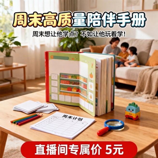 修改图片，保留整体布局和所有视觉元素，仅修改顶部大标题为"周末高质量陪伴手册"，原副标题内容不变，其他内容和场景保持不变，整体风格不变预览效果