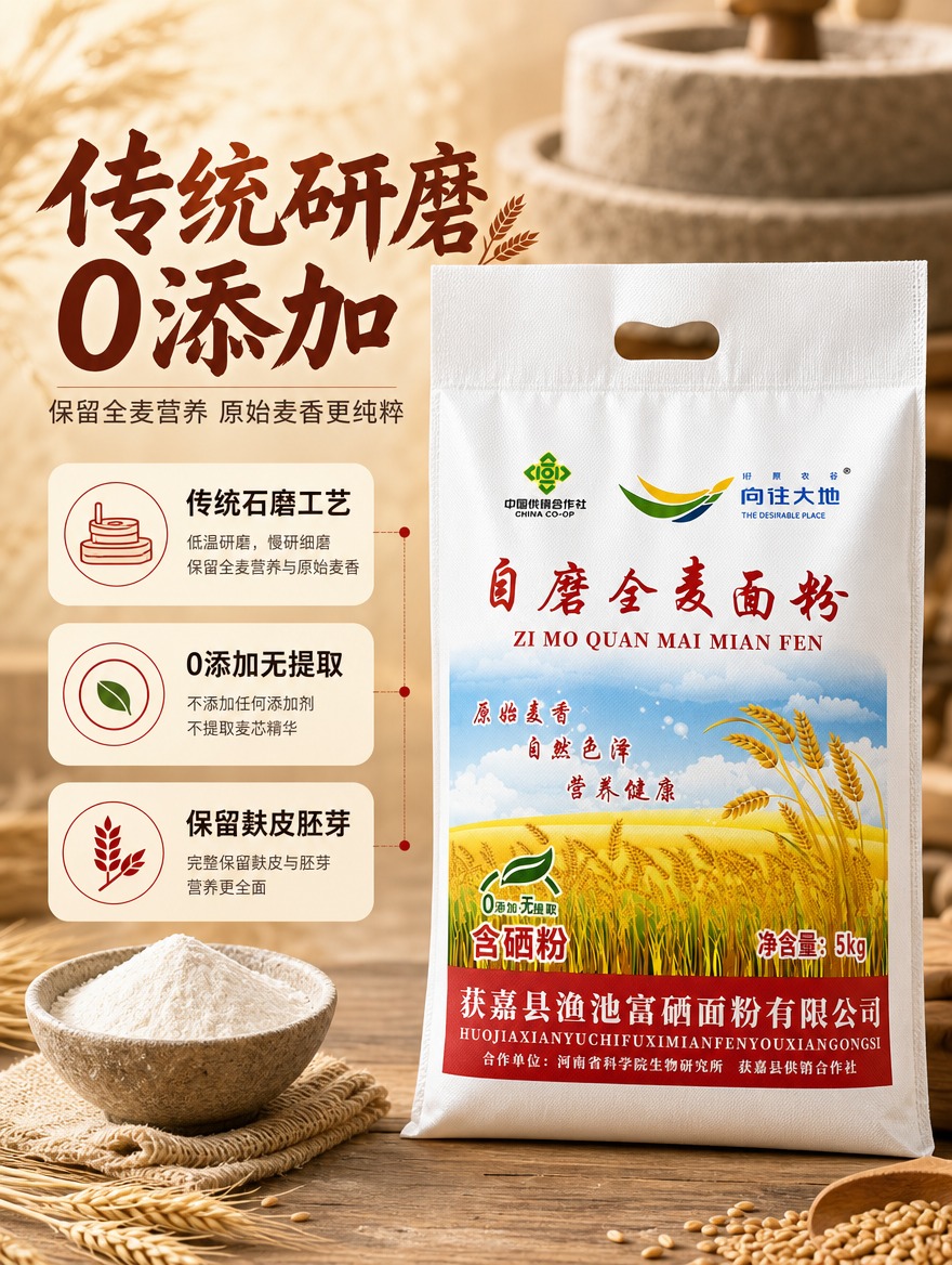 [商品] 使用【图1】向往大地自磨全麦面粉袋装；保留白色编织袋… - 图片创意预览
