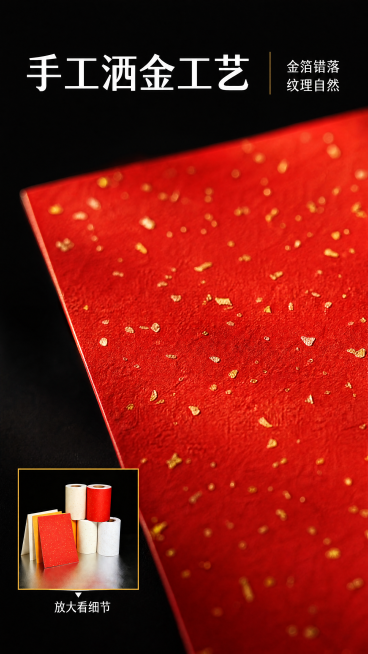 [第3屏] 洒金工艺微距特写屏，放大展示独特洒金纹理细节。本屏重点突出洒金工艺，要求纹理清晰可见。
[氛围/风格] 特写质感，工艺展示，真实纸张触感，高级商业摄影。
[元素布局] 使用【图1】中的红色预览效果