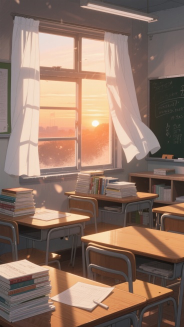 日系动漫风格的教室场景，傍晚时分，夕阳的暖橙色光线从窗户斜射进来，在课桌上投下长长的窗格阴影，空气中漂浮着细微的尘埃，大量堆叠的课本和练习册放在木质课桌上和窗台下，白色的窗帘被微风轻轻吹动，黑板上写着模糊的板书，整体色调温暖柔和，光影对比强烈，营造出宁静而略带怀旧的氛围，画面构图采用近景书桌与远景窗户的层次布局，细节丰富，笔触平滑细腻。预览效果