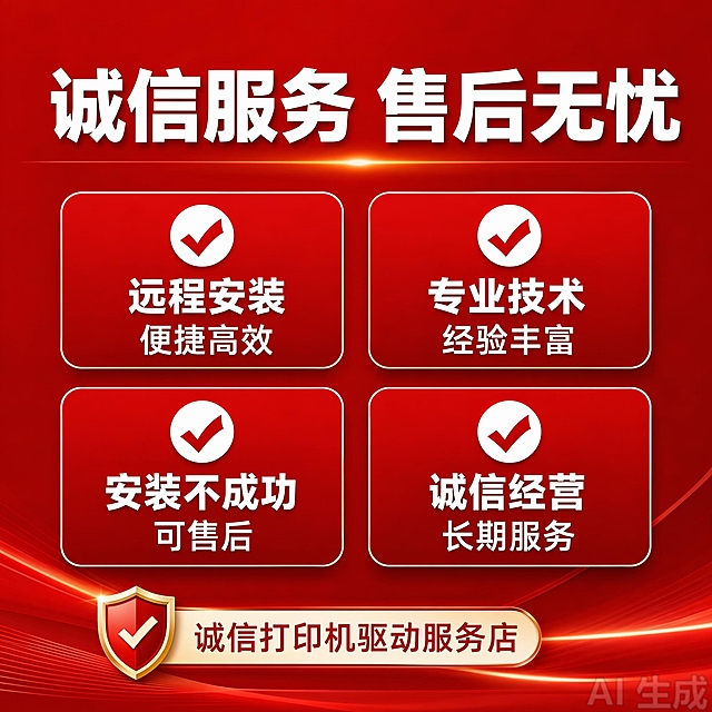 [主图-5] 服务保障促进下单，售后说明主图。
[氛围风格] 信任背书，促进转化，红色背景风格统一
[画质] 商业设计质感，文字清晰可辨，画面干净高级，4K分辨率
[元素] 红色背景，居中展示四项服务保障，每个保障配对勾图标，分两排两列排列，整齐分布，信息清晰。左下角保留店铺名"诚信打印机驱动服务店"。
[光影] 均匀打光，整体明亮清晰。
[配色] 红底白字，标题加粗，保障要点突出，和整体风格一致。
[视角构图] 正面居中对称布局，均衡稳定。
[文字版式] 顶部大号加粗主标题写"诚信服务 售后无忧"，四个保障分别为：远程安装 便捷高效，专业技术 经验丰富，安装不成功 可售后，诚信经营 长期服务，每项保障文字大小适中，清晰可读，底部放置店铺名。
[比例分辨率] 1:1 比例，2048px*2048px，文字清晰锐利，画面超高清。
[负向提示词] 变形，文字错乱，产品模糊，背景杂乱，水印，电商平台Logo，绝对化违禁词，联系方式，二维码