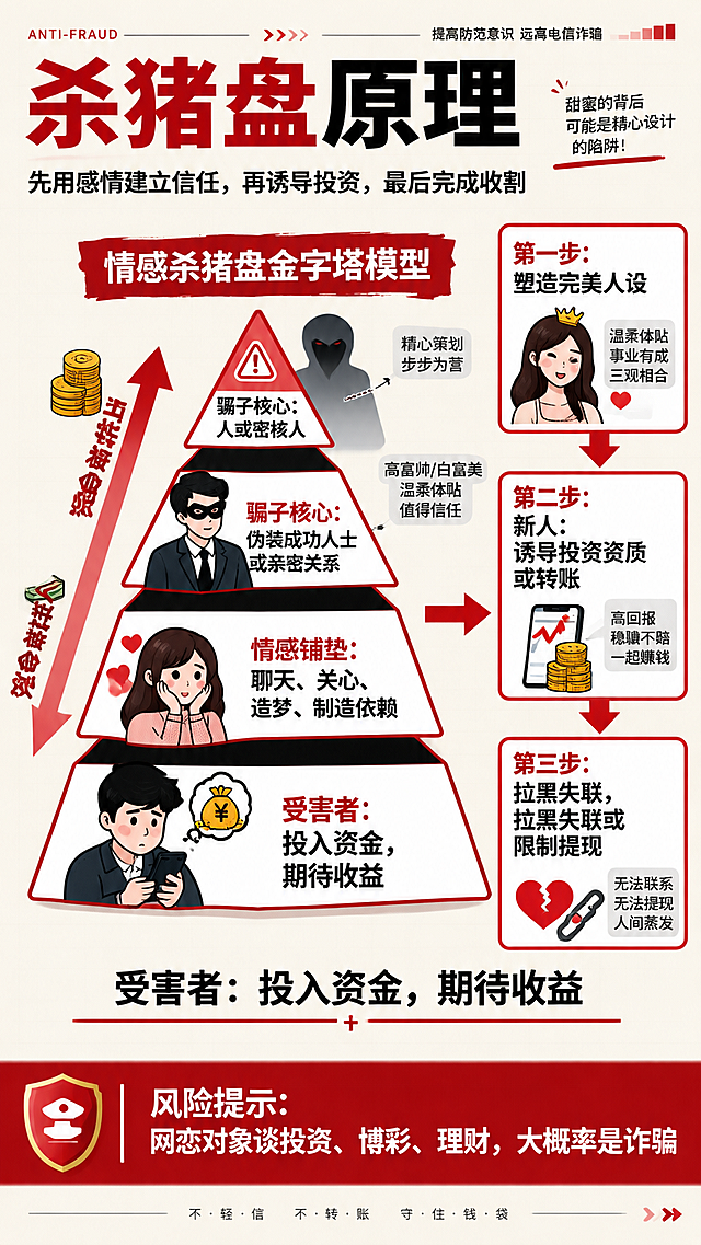将杀猪盘原理图设计为专业信息图表（infographic）风格的反诈科普海报，竖版9:16，与上一张恒大运营模式图的信息可视化风格保持一致。

整体风格：精致信息图表风，红黑白配色，浅米色带细微网格纹理背景，清晰专业的反诈科普海报感，保留手绘插画元素但更精致。

画面结构：
1. 顶部标题区：
   - 主标题"杀猪盘原理"超大黑色粗体字，"杀猪盘"三字用红色高亮突出
   - 副标题"先用感情建立信任，再诱导投资，最后完成收割"黑色小字，位于主标题下方
   - 顶部增加装饰性信息图表元素（数据条、图标装饰）

2. 中部核心金字塔模型（视觉中心）：
   - 标题"情感杀猪盘金字塔模型"红色粗体字，位于金字塔上方右侧
   - 四层倒金字塔结构，从上到下逐层加宽，每层用红色描边+白色填充，层级分明：
     - 顶层（最小）："骗子核心：人或密核人"，配警告三角图标
     - 第二层："骗子核心：伪装成功人士或亲密关系"，配面具/伪装图标
     - 第三层："情感铺垫：聊天、关心、造梦、制造依赖"，配爱心+聊天气泡图标
     - 底层（最宽）："受害者：投入资金，期待收益"，配人物+钱袋图标
   - 每层之间用黑色渐变条分隔，增加层次感
   - 金字塔左侧用红色双向大箭头标注"资金被转出"（向上）和"资金被转入"（向下），箭头旁配金币/钞票图标

3. 右侧三步诈骗流程（竖向排列）：
   - 三个红色边框白色信息卡片，竖向对齐
   - 第一步："塑造完美人设"，配人物头像/皇冠图标，红色"第一步："标签
   - 第二步："诱导投资资质或转账"，配手机/转账图标，红色"第二步："标签
   - 第三步："拉黑失联，拉黑失联或限制提现"，配禁止符号/锁链图标，红色"第三步："标签
   - 三步之间用红色箭头连接，表示递进关系
   - 从金字塔第三层向右引出红色箭头指向三步流程，表示情感铺垫后进入诈骗实施

4. 装饰元素：
   - 散落的爱心图标（红色渐变）、警告三角图标、聊天气泡图标
   - 虚线引导线连接各模块
   - 增加数据感装饰：百分比标签、风险等级标识

5. 底部风险提示栏：
   - 红色通栏底框，白色粗体字
   - "风险提示：网恋对象谈投资、博彩、理财，大概率是诈骗"
   - 左侧配警察盾牌/警告图标

6. 最底部：重复强调"受害者：投入资金，期待收益"黑色大字，下方红色加号分隔线，强化记忆点

视觉要求：
- 配色：红色为主色调（警示感）+ 黑色文字 + 白色卡片 + 浅米背景
- 所有图标精致统一，信息图表风格
- 文字层级清晰，关键信息用红色高亮
- 四周保留安全边距，排版精美
- 整体风格与上一张恒大运营模式信息图保持一致的视觉语言

画面中必须完整呈现以下文字信息：
- "杀猪盘原理"
- "先用感情建立信任，再诱导投资，最后完成收割"
- "情感杀猪盘金字塔模型"
- "骗子核心：人或密核人"
- "骗子核心：伪装成功人士或亲密关系"
- "情感铺垫：聊天、关心、造梦、制造依赖"
- "受害者：投入资金，期待收益"
- "第一步：塑造完美人设"
- "第二步：新人：诱导投资资质或转账"
- "第三步：拉黑失联，拉黑失联或限制提现"
- "资金被转出"
- "资金被转入"
- "风险提示：网恋对象谈投资、博彩、理财，大概率是诈骗"

画面中所有数字必须精确渲染，不得错位、遗漏或编造。
画面中所有信息区域必须填充完整合理的内容，不得出现空白框、空白占位、横线待填写区域、空列表项、空单元格。
画面中所有二维码区域使用纯色方块占位符呈现，方块中央标注"二维码占位"文字，严禁生成任何可识别的二维码图案。
