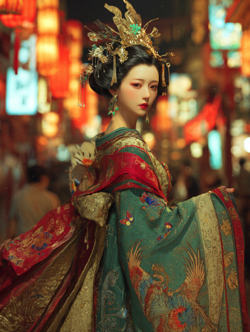 写实风格：“中晚唐堕马髻变体，高发髻向左侧极端倾斜（几乎贴近肩部），发尾加长垂至腰际，发丝带夸张波浪卷；髻顶插一支鎏金银钗（钗头雕飞鸟，鸟喙衔珠串），肩搭宽幅绛红披帛（绣金线云纹）；身着墨绿色织金襦裙预览效果