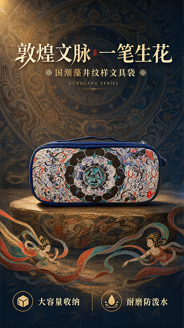 [第1屏] 详情页头图-敦煌元素文具袋新品宣传海报。本屏使用【图1】作为商品主体。
[氛围/风格] 国潮敦煌风，复古壁画质感，高级商业摄影质感，文化氛围感浓厚。
[元素布局] 文具袋置于画面中央偏下，占比约60%-65%；背景为敦煌壁画风格的藻井纹样渐变，上方留标题区，底部有散落的敦煌飞天飘带元素装饰；文具袋的物理结构、比例轮廓、藻井纹样、深蓝色包边、提手和拉链与输入产品图完全一致。
[光影质感] 左上方柔和暖光照明，右下方自然投影，包身纹样清晰，拉链金属质感突出，整体光影层次丰富。
[配色色系] 全局底色 #1A2B4C 敦煌深蓝渐变；主色石青、朱砂红；辅助色米白、金色描边。
[视角构图] 正面微仰视，产品为视觉中心，阅读动线从上标题 → 中央产品 → 底部装饰。
[文字版式] 版式为顶部大标题 + 中央产品 + 底部信息条。主标题「敦煌文脉 一笔生花」，副标题「国潮藻井纹样文具袋」，两行宋体字居中对齐；标题下方小号装饰文字「DUNHUANG SERIES」；底部左侧卖点「大容量收纳」，右侧「耐磨防泼水」；文字不遮挡产品主体。
[比例分辨率] 9:16 竖版比例，4K分辨率，文字清晰可辨，高清画质。
[负向提示词] 变形，水印，文字错乱，文字过小，缺件错件，结构错误，颜色偏差，产品图模糊，背景杂乱。
