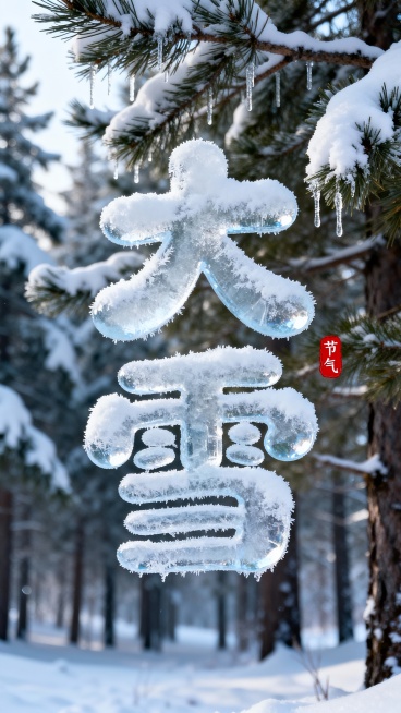画面中央是冰霜圆润可爱字体形成“大雪” 二字，字体被厚厚的雪覆盖。背景是冬日的松树林，画面中有白雪冬日的树枝。旁红色小印章“节气”点缀，整体画面色彩明亮预览效果