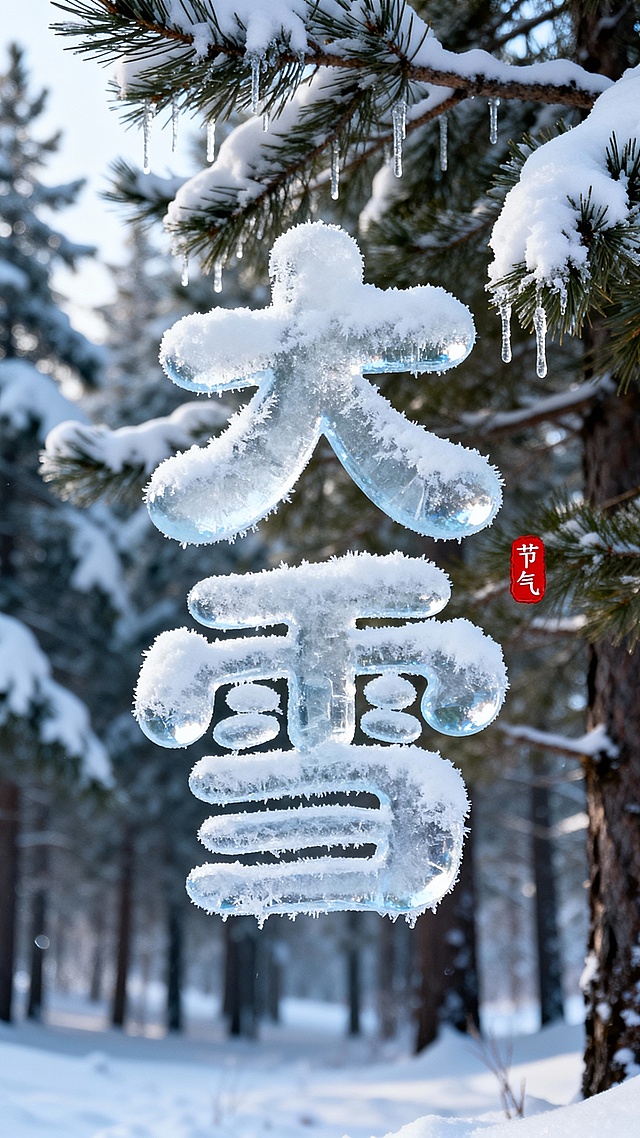 画面中央是冰霜圆润可爱字体形成“大雪” 二字，字体被厚厚的雪覆盖。背景是冬日的松树林，画面中有白雪冬日的树枝。旁红色小印章“节气”点缀，整体画面色彩明亮