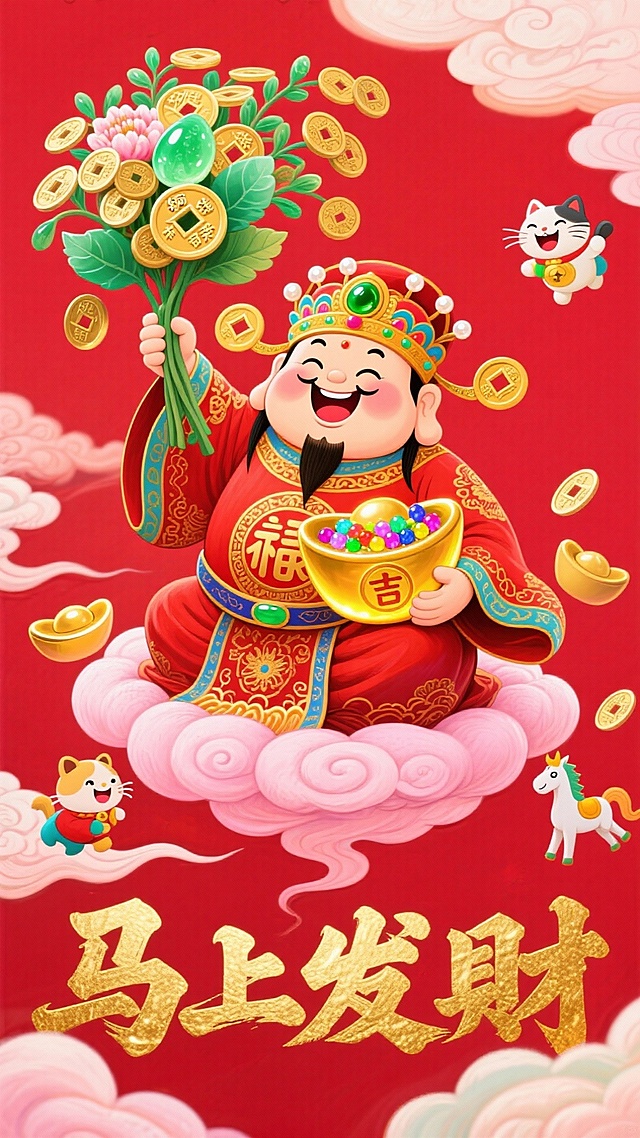 画面采用喜庆正红底色，主体是Q版胖萌财神（身着红金刺绣福纹吉服，头戴嵌有翡翠与珍珠的元宝冠，笑容可掬），盘腿坐于悬浮的粉色祥云软座上；财神左手高举巨型“铜钱花束”（花枝为碧玉雕成，花朵为旋转的金色古钱币，伴有翡翠叶点缀），右手怀抱发光聚宝盆，盆中溢出彩虹色珠宝与带“吉”“禄”篆字的福币；四周漂浮着卡通小财神、摇头晃脑的招财猫与咧嘴笑的元宝精灵和卡通小马。画面最下方有鎏金大字“马上发财”。