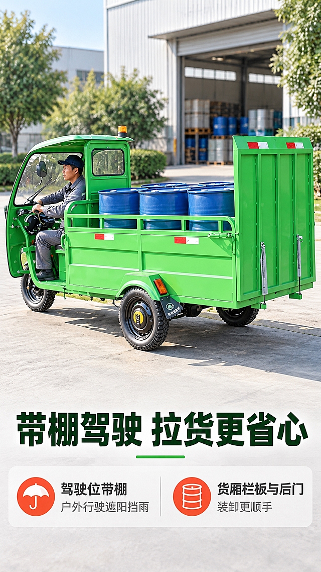 [商品] 使用【图1】绿色带棚平板六桶车；保留整车结构、驾驶棚、方向把手、货厢栏板与后门、绿色涂装、轮胎与轮毂；画面中驾驶员为亚洲成年男性，户外工装衣着，坐在驾驶位双手握住方向把手，动作自然；不得改变车身比例与颜色，人物不得遮挡货厢结构。
[画面] 目标：真实使用场景展示；构图骨架=上部标题，中部整车三分之四前侧视角、驾驶员在驾驶棚内、货厢内装有桶类货物，下部两条短分点；产品占画面约65%；景别=整车中景带环境；前景=厂区水泥地面与投影，中景=车与人，后景=虚化仓库与绿植；光感为右前侧自然光。
[视觉] 套系策略：风格=国内工业实用商业摄影+实景棚拍；标题字=现代无衬线粗黑体；正文字=清晰无衬线体；主色=车体草绿；背景延展=以浅灰白与水泥灰做主色深浅层级并延展至户外自然绿植虚化背景；强调色=橙红，仅用于小面积图标、引线、标签与刻度；标题色=深墨绿黑；正文色=中灰；组件=直角微圆角参数卡、细线引线、尺寸标注线、圆点标签；光影=右前侧自然暖柔光与地面接触软阴影。
[文字] 主标题“带棚驾驶 拉货更省心”；分点“驾驶位带棚 户外行驶遮阳挡雨”“货厢栏板与后门 装卸更顺手”；全部横向排版，置于画面下部留白区。
[规格] 图片比例9:16竖版，2K，避免变形、错字、文字过小、竖排或旋转文字、二维码、水印、平台Logo、欧美面孔、车身颜色改变、结构缺失。