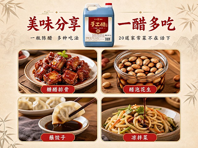 [商品] 使用【图1】正和醋业手工醋1.5L方壶装；保留蓝色壶身、红色标签及所有文字，壶身结构比例不变；产品位于画面中心顶部，占画面约20%，作为全页品牌统领。
[画面] 目标：食用场景种草，展示一瓶多用；构图：场景拼图型，2×2排列4张圆角卡片图，每张展示一种吃法：左上「糖醋排骨」——色泽红亮的糖醋排骨装盘；右上「醋泡花生」——花生米浸泡在陈醋中的玻璃罐特写；左下「蘸饺子」——白胖饺子蘸醋碟，醋碟旁放筷子；右下「点蘸面食」——面条淋醋的拌面场景；4张卡片等大，间距均匀；卡片上方居中放产品壶身图；背景为浅米白宣纸纹理，四角有淡竹叶装饰；≥3层视觉层次（产品/卡片图组/背景装饰）。
[视觉] 套系策略：风格=中式国风家常烟火气商业摄影；标题字=书法宋体粗体（带毛笔韵味）；正文字=简洁宋体；主色=米白暖杏；背景延展=基于米白暖杏做深浅层级、同色渐变、宣纸纹理；强调色=朱红色，仅用于主标题和卡片菜名标签；标题色=朱红色；正文色=深棕褐色；组件=圆角菜品图框、朱红底白字菜名标签条、细金线分隔；光影=整体暖调柔光，每张菜品图内为真实餐桌自然光感。
[文字] 顶部主标题「美味分享 一醋多吃」（朱红大字），副标题「一瓶陈醋 多种吃法 20道家常菜不在话下」（深棕小字）；4张卡片底部各有朱红标签条写菜名：糖醋排骨、醋泡花生、蘸饺子、凉拌菜。
[规格] 图片比例4:3横版，4K分辨率，避免变形、错字、文字过小、冷蓝背景、菜品颜色失真、绝对化用语。