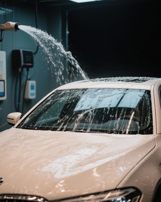 生成自助洗车的图片，车辆为宝马5系,画面要炫酷，高级。生成20张图片，整体局部都需要，背景劲量少，突出汽车泡沫，冲水等画面预览效果