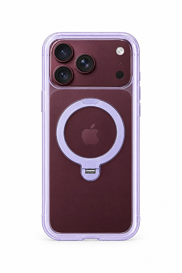 将酒红色iPhone手机装入淡紫色边框带磁吸指环支架的透明手机壳中，手机完全套入壳内，摄像头从壳的上方开孔露出，背面苹果logo透过透明背板清晰可见，淡紫色指环支架在手机背面中央位置，贴合紧密，整体效果自然真实，产品摄影风格，纯白背景，高清细节，光影自然