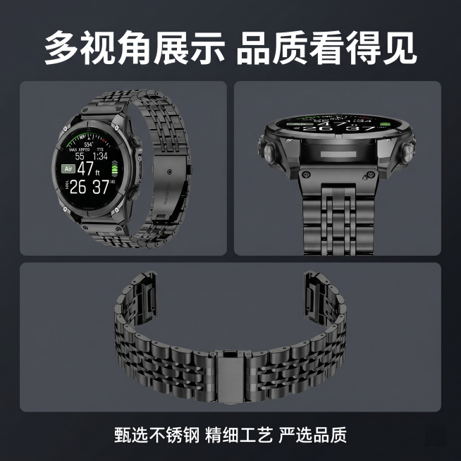 [主图 5] 多视角产品展示主图。
[氛围风格] 运动商务科技质感，统一风格。
[画质] 商业摄影质感、光线柔和通透、产品清晰真实、画面干净高级。
[元素] Bento栅格设计，三个小图窗口分别展示表预览效果