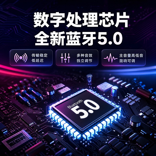 [主图-5] 产品证据-蓝牙5.0数字处理芯片，突出技术性能。
[统一基调] 风格=3C数码科技商业摄影风；主色=深蓝紫；背景=深蓝紫渐变+霓虹红蓝光带+深色反光地面；强调色=霓虹粉紫；标题字=粗黑无衬线白色大字；正文字=简洁无衬线浅灰蓝色；组件=圆角半透明信息卡、发光标签；光影=侧前冷光+红蓝轮廓光。
[画面] 使用【图4】蓝牙5.0芯片图；保留电路板结构、芯片上"Bluetooth 5.0"字样、电子元件布局，不改变芯片与电路板原貌。芯片位于画面中心偏下占35%，发光效果突出芯片，周围电路板景深虚化。上方技术文字说明，背景黑色电路板纹理+蓝紫色光效。
[光影质感] 商业摄影质感，芯片表面有高光反射，引脚发光清晰，电路板背景虚化形成景深，整体科技感强。
[配色] 黑色电路板背景+蓝紫色芯片光效+白色标题字+浅灰蓝正文。
[文字版式] 顶部主标题"数字处理芯片 全新蓝牙5.0"，下方3个卖点带图标："传输稳定 低延迟""多种音效独立调节""主音量高低音混响可调"。文字横排居中。
[输出要求] 比例1:1，2K，文字清晰可读，芯片文字清晰，负向提示：避免芯片文字错误、电路板变形、颜色失真、卡通风格、白底。