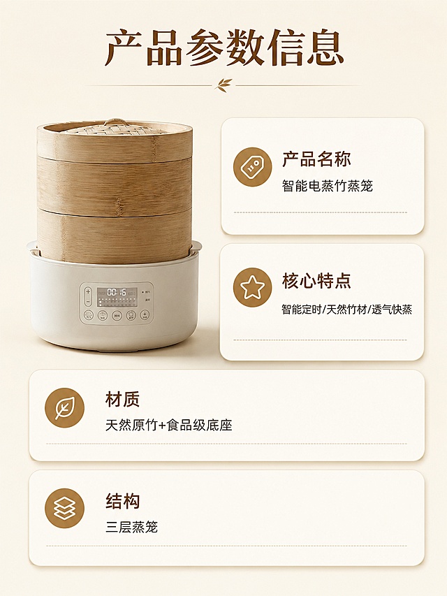 「图片1」生成关于这个竹蒸笼商品的特卖点详情页                                                                                                                                 ，突出智能定时，透气性好蒸的快，竹笼天然健康，蒸出来自带竹香的特卖点，每个点一张详情页，采用原木风配色