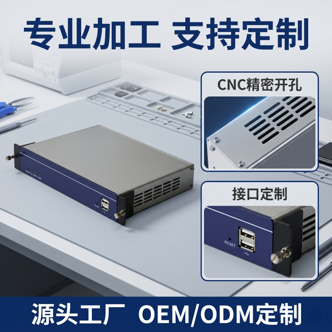 [主图-2] 1U工控机箱工艺细节主图，保持机箱外观（物理结构、材质质感、蓝灰配色）与输入产品图绝对一致，杜绝任何变形和色差，精细化处理。[氛围风格] 工业科技风，突出专业工艺，符合1688平台B端源预览效果