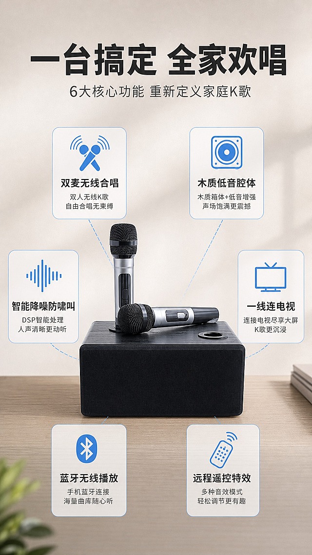 [商品] 使用【图2】黑色款家庭K歌音响一体机+双无线话筒；保留黑色箱体、喇叭网罩、话筒银黑配色、顶部充电插座结构，不改变产品原貌。
[画面] 目标：核心卖点总览，建立产品整体认知。竖版9:16构图，上方标题区，中部产品大图居中，周围环绕6个圆角卖点卡片，呈放射状分布，每个卡片配小图标和短文案。产品占画面约35%，信息层次分明。
[视觉] 套系策略：风格=现代简约科技家居风；标题字=粗黑无衬线简体中文字；正文字=简洁无衬线简体中文字；主色=深木色+暖米灰；背景延展=浅米灰渐变背景，细腻磨砂质感；强调色=科技蓝，用于图标和卡片点缀；标题色=深炭灰；正文色=中暖灰；组件=圆角白底信息卡、蓝色细线图标；光影=正面柔光，产品清晰。
[文字] 顶部主标题"一台搞定 全家欢唱"，副标题"6大核心功能 重新定义家庭K歌"，6个卖点卡片："双麦无线合唱"、"木质低音腔体"、"智能降噪防啸叫"、"一线连电视"、"蓝牙无线播放"、"远程遥控特效"。文字横排，卡片不遮挡产品主体。
[规格] 图片比例9:16竖版，4K，负向提示：避免变形、错字、文字过小、产品颜色改变、结构失真、竖排文字。