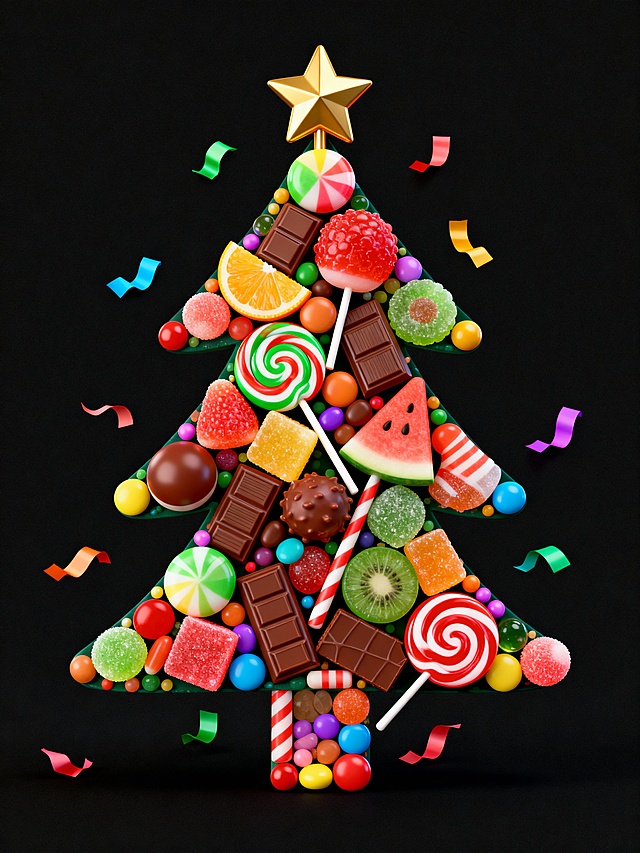 3D重拟物风格的糖果圣诞树，融合波普艺术色彩与拼贴手法，满载喜庆感、甜美感与趣味感，节日氛围浓郁。
