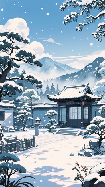 二次元古风，下雪，庭院，亭子，围栏，树，远山，雾气，云，浅蓝色，正面大全景，细节丰富，元素多样，9:16,不要人物，生成2张预览效果