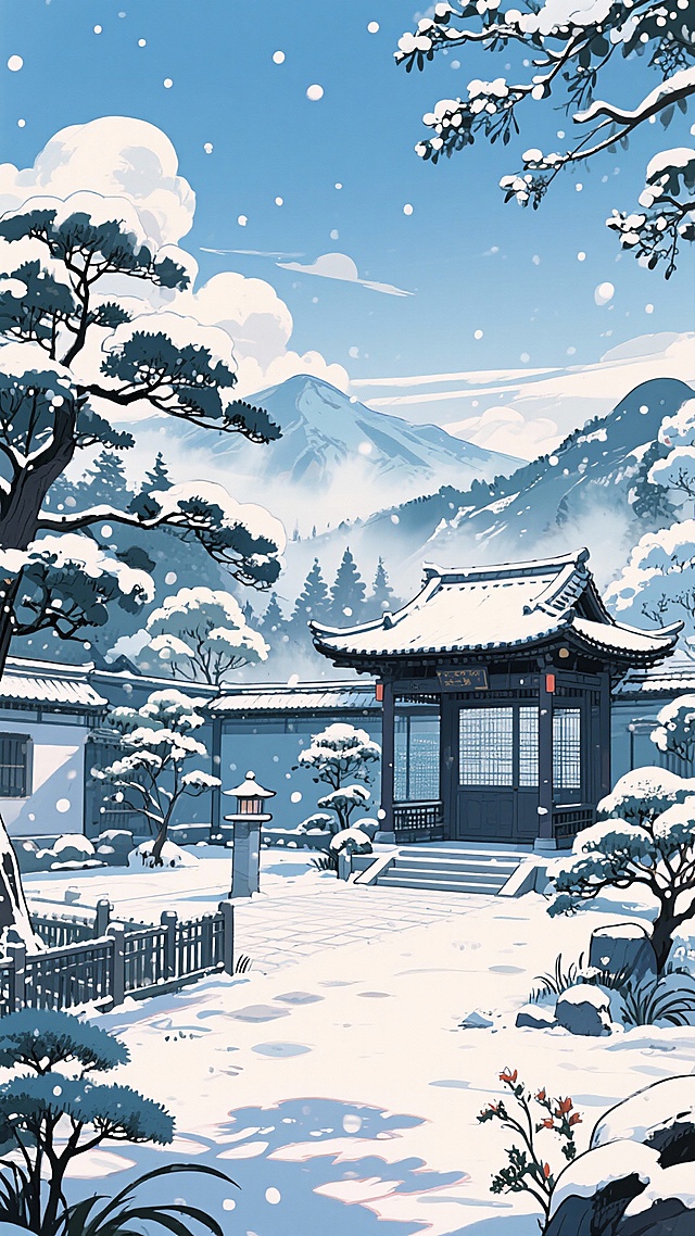 二次元古风，下雪，庭院，亭子，围栏，树，远山，雾气，云，浅蓝色，正面大全景，细节丰富，元素多样，9:16,不要人物，生成2张