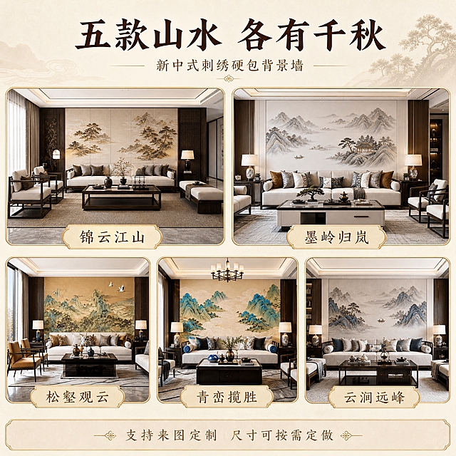 [主图-3 重制] 主题：五款刺绣硬包背景墙款式场景效果图展示，每款必须严格对应各自的画面风格和配色，款式名称准确对应。
[统一基调] 新中式轻奢风格，小红书氛围感，整体暖米金配色，主标题用深咖色粗体宋楷字，辅助文字用浅棕色，强调色用鎏金色；字体统一为宋楷衬线体，标题大字加粗，说明文字缩小50%以上；卡片用圆角米白半透明底+细金边，整体雅致不堆砌。
[画面] 画面采用上2下3的宫格布局，共5个独立场景小图，每张小图展示一款背景墙的完整客厅上墙效果，五款的画面内容和配色必须严格区分：
- 左上第一款「锦云江山」：暖米色底，金棕灰色山水刺绣，祥云纹样，松树造型，与第一张参考图风格一致。
- 右上第二款「墨岭归岚」：白色底，浅灰金色远山刺绣，山间有小亭子和松树，淡雅水墨风，与第二张参考图风格一致。
- 左下第三款「松壑观云」：古铜黄底色，青绿山水刺绣，有仙鹤飞翔，千里江山风格，与第三张参考图风格一致。
- 中下第四款「青峦揽胜」：浅米色底，蓝绿色青绿山水刺绣，祥云纹样，色彩鲜艳，与第四张参考图风格一致。
- 右下第五款「云涧远峰」：浅灰米色底，灰蓝色山水刺绣，有小船和古建，淡雅水墨蓝调，与第五张参考图风格一致。
每张小图下方都有圆角金边标签，标注对应的款式名称，名称必须准确无误。画面顶部居中大标题「五款山水 各有千秋」，副标题「新中式刺绣硬包背景墙」。底部一条细金边信息条写「支持来图定制 尺寸可按需定做」。
[光影质感] 每张小图都是真实家居摄影质感，自然光柔和，空间明亮通透，各款背景墙刺绣颜色风格有明显区分但整体协调统一。
[配色] 整体暖米色调统一，五款分别呈现金棕、浅灰金、古铜青绿、蓝绿青绿、灰蓝等不同山水色系，文字深咖+鎏金。
[文字版式] 顶部标题居中，每款图下方配名称标签，底部信息条横排；字体统一宋楷，标签文字清晰不压图，款式名称必须准确对应：锦云江山、墨岭归岚、松壑观云、青峦揽胜、云涧远峰。
[输出要求] 1:1正方形，2048x2048，五款场景清晰可辨，款式名称准确对应，文字可读；负向：变形、错字、模糊、杂乱、水印、平台Logo、款式混淆、名称错误、SKU字样。