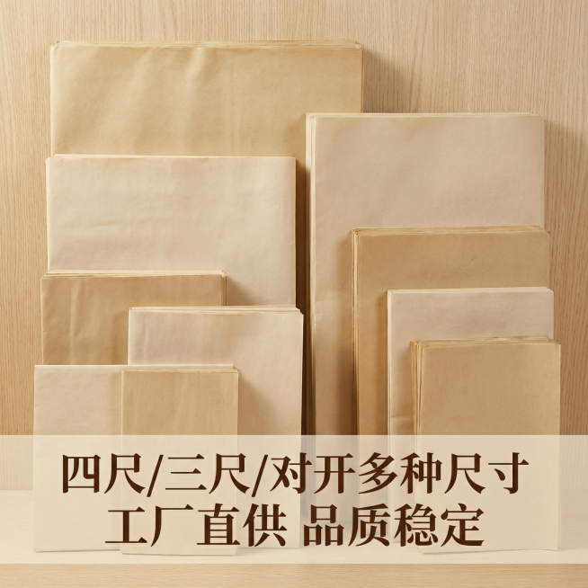 [主图 5] 玉扣毛边纸规格服务展示
[氛围/风格] 复古简约，清晰规整
[画面元素] 不同尺寸的玉扣毛边纸整齐排列展示，保留原产品颜色质感，背景为浅木色，光影和前四张图保持统一风格
[配色色系] 主预览效果