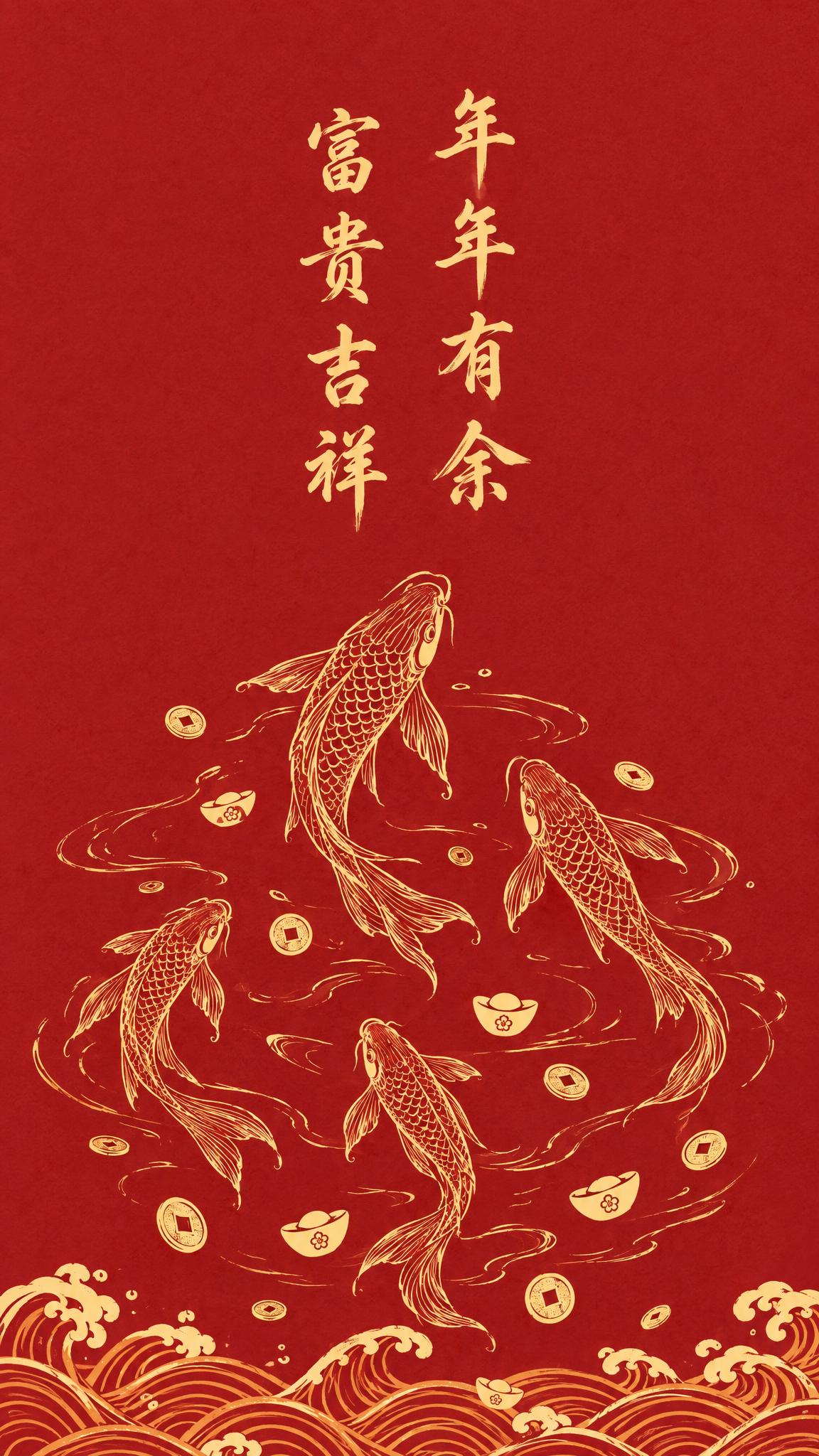 参考图的中国风红金线描风格，正红色哑光纹理背景，金色线条绘制的… - 图片创意预览