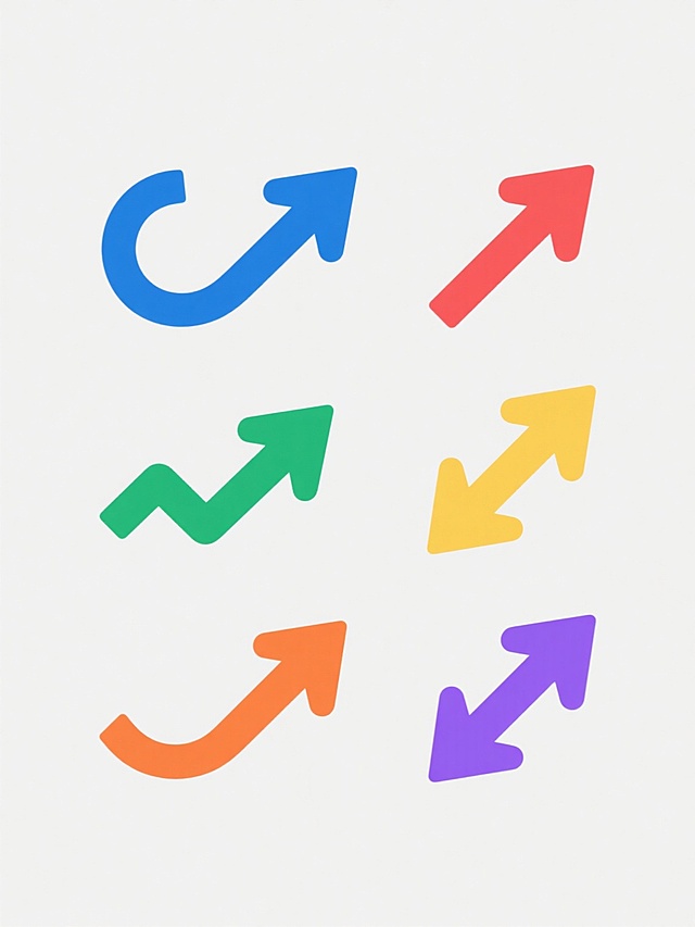 极简主义风格图标集，白色背景上整齐排列六个设计各异的向上箭头，每个箭头拥有独特样式（包括不同弯曲弧度的箭尾、箭身粗细变化、箭头角度差异）、鲜明对比的配色（如蓝色、红色、绿色、黄色、紫色、橙色）和多样化的向上走向（略微向左倾斜、略微向右倾斜、近乎垂直等），整体呈现简洁、现代的视觉效果，所有元素无重叠且分布均匀，具有清晰的视觉层级和信息传达效率。