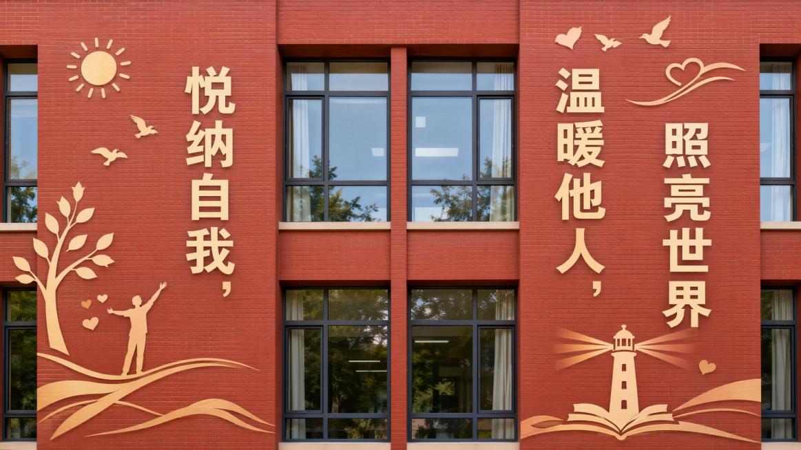 博学楼红色砖墙墙面标语设计，不遮挡中间窗户，文字“悦纳自我，温暖他人，照亮世界”竖向排列在窗户两侧区域，搭配简洁矢量相关装饰图案，墙面整体协调丰富，红色砖墙背景预览效果