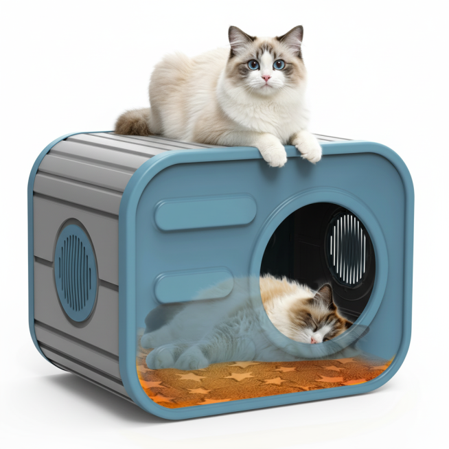 在参考图1基础上生成猫窝顶部慵懒趴着一只圆眼布偶猫（好奇表情），露出好奇表情，画面干净通透，色调柔和温暖，质感像高清商品展示图，背景纯白无杂物，高清，4k，4张图，顶部猫咪姿势参考图2预览效果