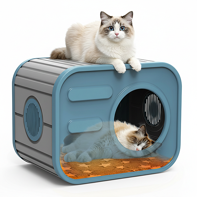 在参考图1基础上生成猫窝顶部慵懒趴着一只圆眼布偶猫（好奇表情），露出好奇表情，画面干净通透，色调柔和温暖，质感像高清商品展示图，背景纯白无杂物，高清，4k，4张图，顶部猫咪姿势参考图2