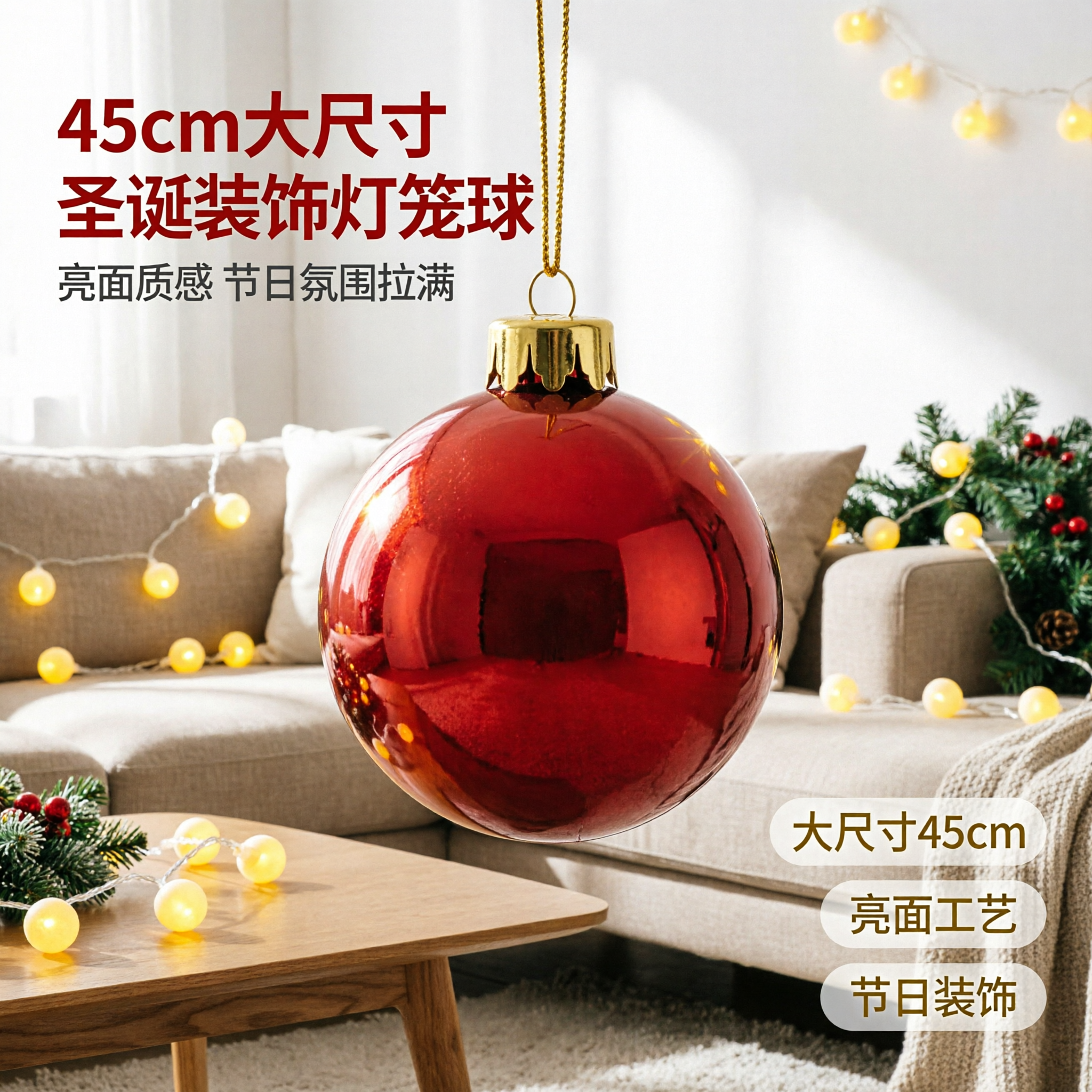 [主图-1] 空间氛围与单品呈现，展示45cm大尺寸红色圣诞装… - 图片创意预览