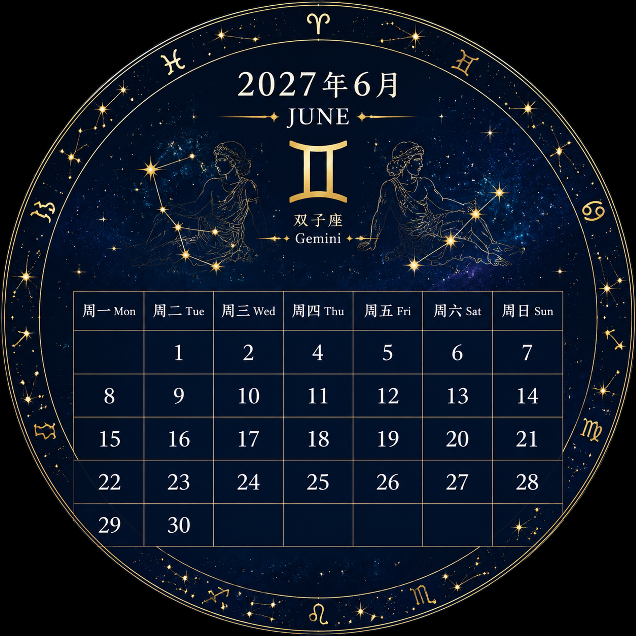 2027年6月圆形星座日历，正圆形构图，深蓝星空背景带金色星点… - 图片创意预览