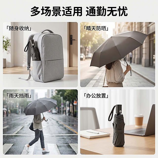 [主图 4] 晴雨两用自动雨伞多场景适配展示。
[氛围风格] 现代简约生活化场景，自然代入感
[画质] 商业摄影质感，光线柔和通透，产品清晰真实，画面干净高级
[元素] 四宫格布局展示四个适配场景：左上放进通勤背包，右上晴天遮阳出行，左下雨天撑伞过马路，右下折叠后放办公室桌面。雨伞在每个场景保持自然大小比例，保持雨伞外观（物理结构、材质质感、颜色）与输入产品图绝对一致，杜绝任何变形和色差，精细化处理。整体画面干净，每个场景自然过渡不突兀，商品整体占比合理。
[光影] 每个场景都使用自然柔和光线，整体光影统一协调，自然真实
[配色] 整体保持浅色调简约风格，深灰色雨伞在各个场景中清晰突出
[视角构图] 四宫格均衡构图，每个场景展示一个使用场景，信息丰富不拥挤
[文字版式] 顶部通栏大标题 "多场景适用 通勤无忧" 黑色粗体，每个小场景角落标注场景名称：「随身收纳」「晴天防晒」「雨天挡雨」「办公放置」，文字小巧清晰，不遮挡产品主体。
[比例分辨率] 1:1 比例，2k 分辨率，文字清晰可辨，超高清
[负向提示词] 变形，水印，文字错乱，产品图模糊，背景杂乱，遮挡主体，场景光影不统一
