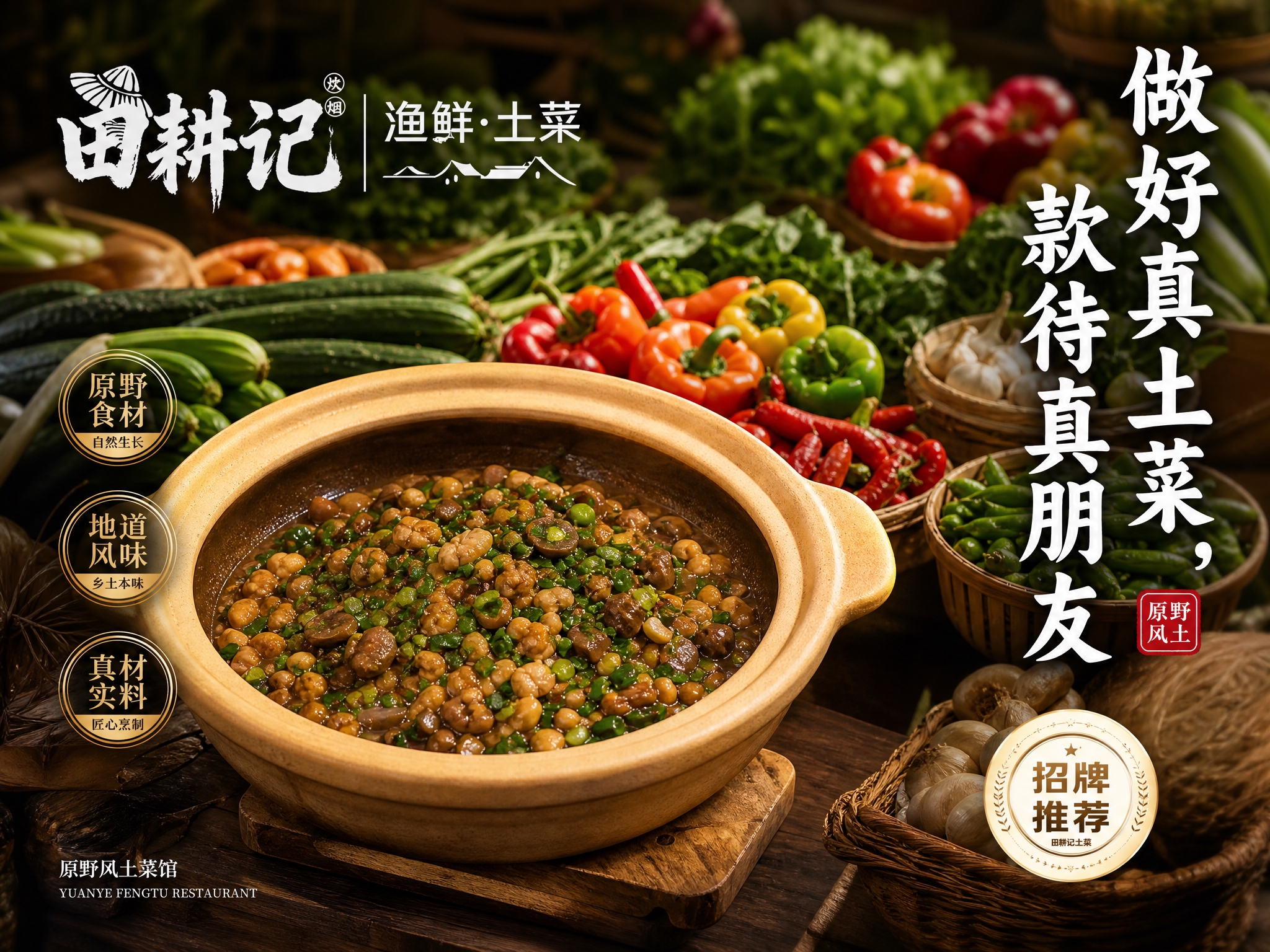 参考第一张图的美食海报设计风格和排版，以原野风土菜馆为主题，画… - 图片创意预览