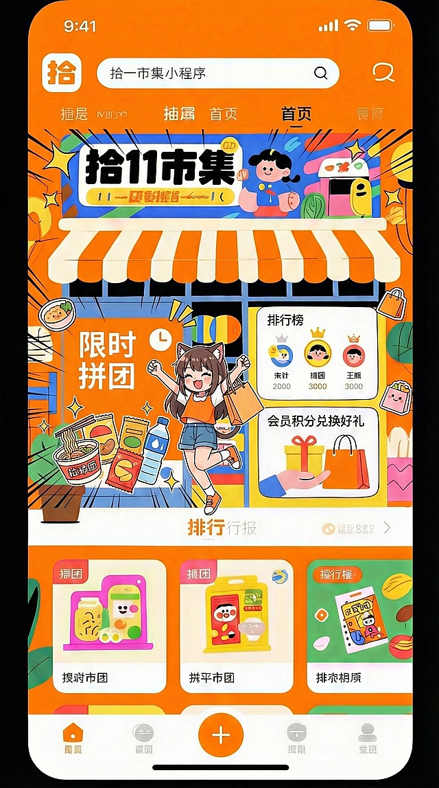 插画风与动漫风结合，拟人化角色跃动十足，孟菲斯风格色彩碰撞，营造可爱、趣味、喜庆的促销氛围，拼贴式布局强化视觉冲击，传递节日购物狂欢感。