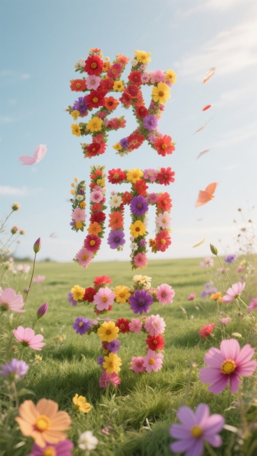 "教师节"文字，三个字的笔画由彩色鲜花而成，放在一块简单的草坪背景上。预览效果