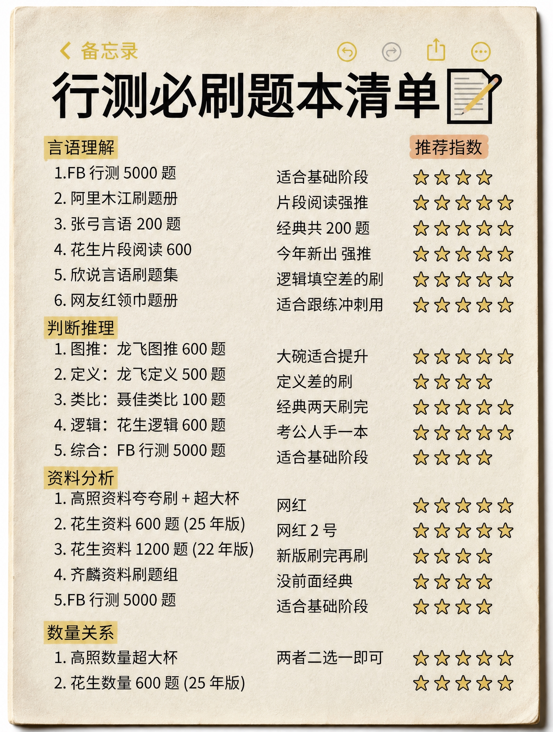将这张行测必刷题本清单图片转换为纸质底图的效果，背景为米白色纸… - 图片创意预览