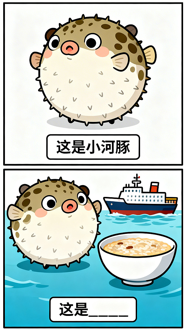 日系搞笑纵向双格漫画，上半格：Q版可爱的小河豚，极简背景，底部白色矩形框黑字写“这是小河豚”；下半格：小河豚、一艘航船、一碗粥强行组合在一起，呈现荒谬互动，底部白色矩形框黑字写“这是____”，线条清晰，色彩鲜明