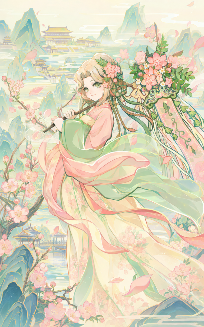 参考第一张图的国潮插画风格，重新绘制第二张图中的古风桃花少女，保留人物造型、桃花发饰和服装配色，使用流畅描线和渐变撞色设计，背景添加国风山水和古典建筑元素，整体画面细腻通透预览效果