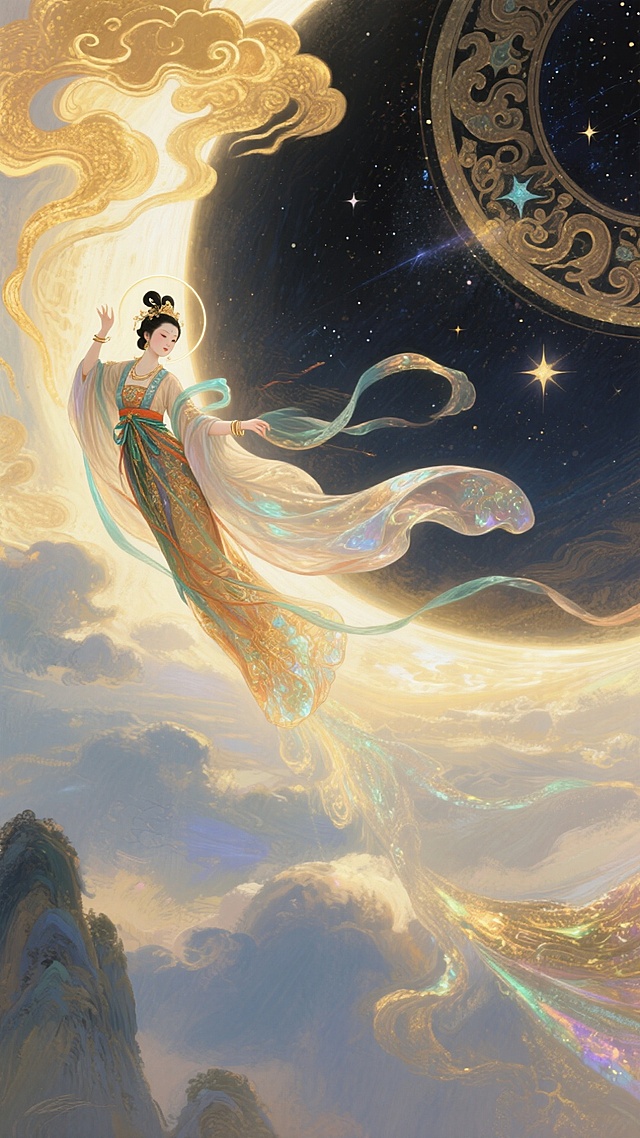 梦幻唯美的中式工笔插画，嫦娥身披鎏金华服飞升于星河之间，光影交织，超现实意境尽显古典神圣之美。