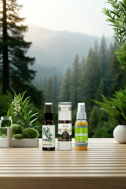 将第二张图中的三瓶钓鱼小药产品放置到第一张图的木质桌面上，产品保持清晰不变形，整体为写实摄影作品，自然光影，保留原有背景的植物和山林风景预览效果