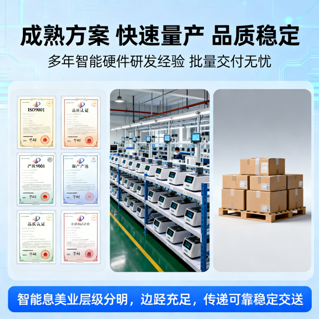 智能美业硬件品质保障电商主图，采用三分区布局1:1比例2K分辨率。顶部核心信息区主标题写"成熟方案 快速量产 品质稳定"，副标题写"多年智能硬件研发经验 批量交付无忧"，字体为简洁无衬线体，黑色文字配预览效果