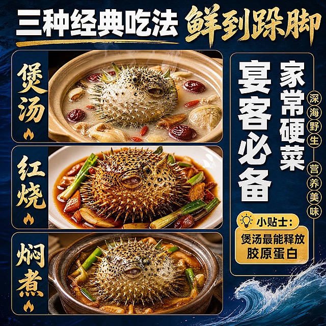 [商品] 使用【图1】野生刺鲍鱼；保留刺鲍鱼尖刺、青白色带黑斑的特征；商品处理：分别呈现煲汤、红烧、焖煮三种做法的成品效果，每种做法中刺鲍鱼的形态保持真实，煲汤版为浓汤煲配滋补食材，红烧版为酱红色泽带葱段，焖煮版为砂锅焖制带汤汁。
[画面] 目标：吃法场景种草，展示煲汤红烧焖煮多种经典吃法。构图：3张竖排圆角卡片+右侧文字栏布局；上：刺鲍鱼浓汤煲（砂锅+枸杞红枣）；中：红烧刺鲍鱼（大盘+葱姜）；下：焖煮刺鲍鱼（砂锅+汤汁）；右侧竖排文字说明；卡片间有留白，整体3层视觉层次，抖音风格大色块。
[视觉] 套系策略：风格=抖音电商深海野生风生鲜美食摄影；标题字=粗黑厚重黑体+书法体组合；正文字=简洁无衬线粗黑体；主色=深海墨蓝+青白色；背景延展=基于深海墨蓝做深蓝渐变、细腻纸张质感；强调色=金黄色，仅用于小面积标签和高亮；标题色=纯白色+金色描边；正文色=浅灰蓝；组件=深色圆角卡片、粗线分割、小火焰图标；光影=每张卡片内独立美食摄影暖光，整体统一。
[文字] 顶部大主标题"三种经典吃法 鲜到跺脚"，每张美食图旁大字标注：「煲汤」「红烧」「焖煮」，右侧文字栏：「家常硬菜 宴客必备」+ 小贴士：「煲汤最能释放胶原蛋白」，全部横排，字号大。
[规格] 图片比例1:1正方形，4K，负向提示：避免变形、错字、文字过小、颜色改变、卡片不整齐、黑底、二维码。