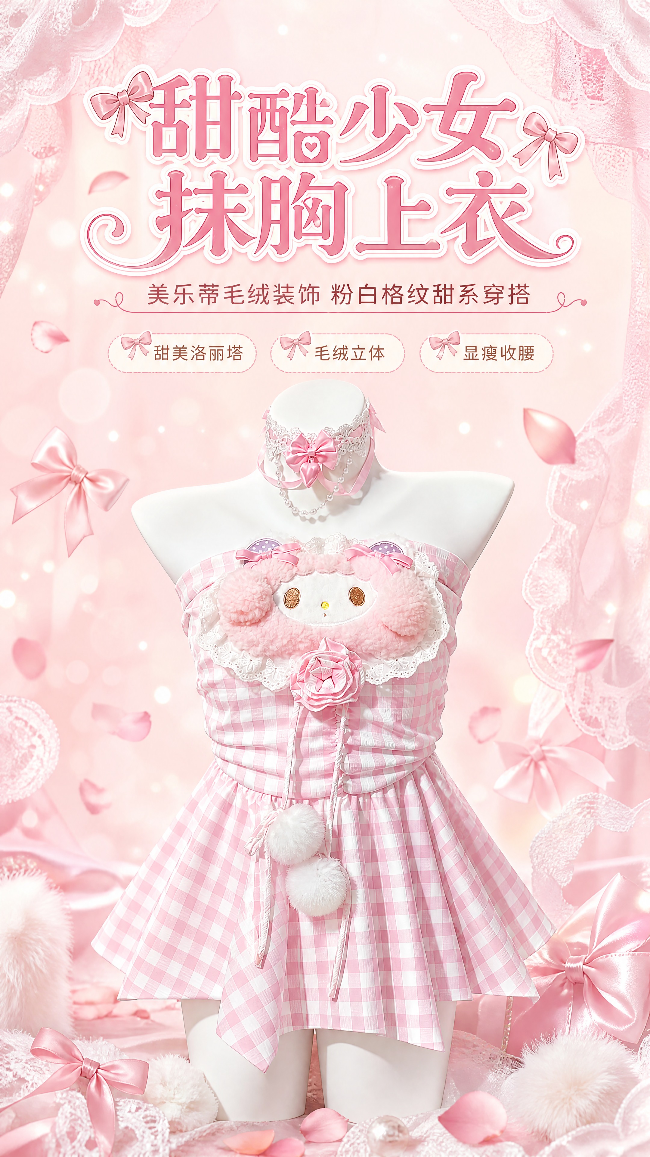 [商品] 使用【图1】粉白格纹美乐蒂抹胸上衣及同风格蕾丝颈链；… - 图片创意预览