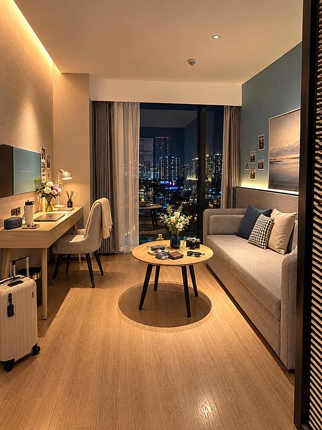 基于参考图1的酒店房间（书桌沙发夜景视角）进行修改，保持光影、墙面地面材质、主体及整体结构不变，仅修改软装及增减物品，相似度40%。屋内小物全部更换款式和颜色。增加适配房间风格颜色的行李箱放在地面。增加旅行小物，不要有地图和杂志，不要杂乱，自然真实，像手机直拍的图片。不要出现编织物、草编包包地毯、草帽等，不要出现蜡烛、过多盆栽，一个房间保留2个花瓶里插着鲜花。窗外为城市夜景。配色好看，符合小红书爆款封面风格。图片比例3:4。