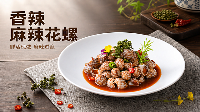 [主图] 麻辣花螺美食横版电商主图。
[氛围风格] 生鲜美食风，强烈食欲感，高级氛围
[画质] 商业摄影质感，光线柔和通透，产品清晰真实，画面干净高级
[元素] 原图中的麻辣花螺放置在精美白色椭圆形餐盘中央，花螺保留原有外观、纹理、颜色和红亮汤汁，点缀青花椒、辣椒圈和装饰花草，保持产品外观与输入产品图绝对一致，杜绝任何变形和色差，精细化处理。背景融入深色国风餐桌场景，周围搭配简约木质餐桌和浅灰色麻布餐垫，画面干净简洁，商品主体占比严格控制在65%左右，横版构图，满屏无边框。
[光影] 自然柔和顶光为主光，汤汁红亮反光，勾勒花螺轮廓，背景暗调突出主体，通透不灰蒙，光比舒适，高光不溢，暗部有层次。
[配色] 主色调红棕亮油色，背景深木色浅灰色衬托，整体浓郁热辣诱人。
[视角构图] 平视中心构图，景深适中，产品完整轮廓清晰，不裁切。
[文字版式] 左上负空间左对齐留安全边距，大字文案“{香辣} 麻辣花螺”，深棕色加粗无衬线字体，辅助小字“鲜活现做 麻辣过瘾”约半高，同色系浅调。整体文字清晰不遮挡主体。
[比例分辨率] 16:9 比例，2K 分辨率，文字清晰可辨，超高清。
[负向提示词] 变形，水印，文字错乱，产品图模糊，背景杂乱