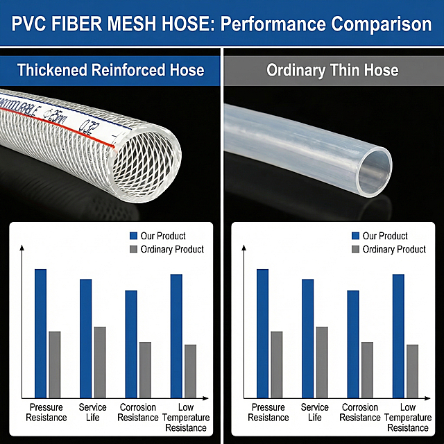 [Main Image 7] Comparison with ordinary hose, side-by-side comparison of this thickened reinforced hose vs ordinary thin hose. On the bar chart, compare performance in 4 dimensions: Pressure Resistance, Service Life, Corrosion Resistance, Low Temperature Resistance. Our product outperforms ordinary product in all indicators. All text in English, clear contrast, objective data display, 1:1 2048x2048 2K.