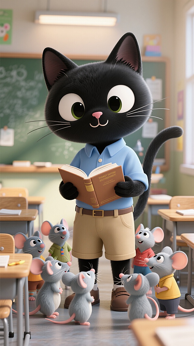 卡通风格的课堂场景，拟人化的猫咪老师与小老鼠学生们互动，充满可爱与柔软感。