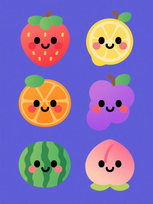 六个不同颜色纯色背景上规整排布的系列卡通水果头像集合，每个水果头像均采用圆润可爱的Q版风格，具有光滑渐变的表面质感、椭圆形黑色眼睛、微笑弧线嘴巴和脸颊红晕，搭配绿色叶子装饰及彩色线条边框元素，保持一致的简约扁平化设计语言和活泼氛围，水果种类分别为红色草莓、黄色柠檬、紫色葡萄、橙色橙子、绿色西瓜和粉色桃子，整体构图平衡且视觉统一。预览效果